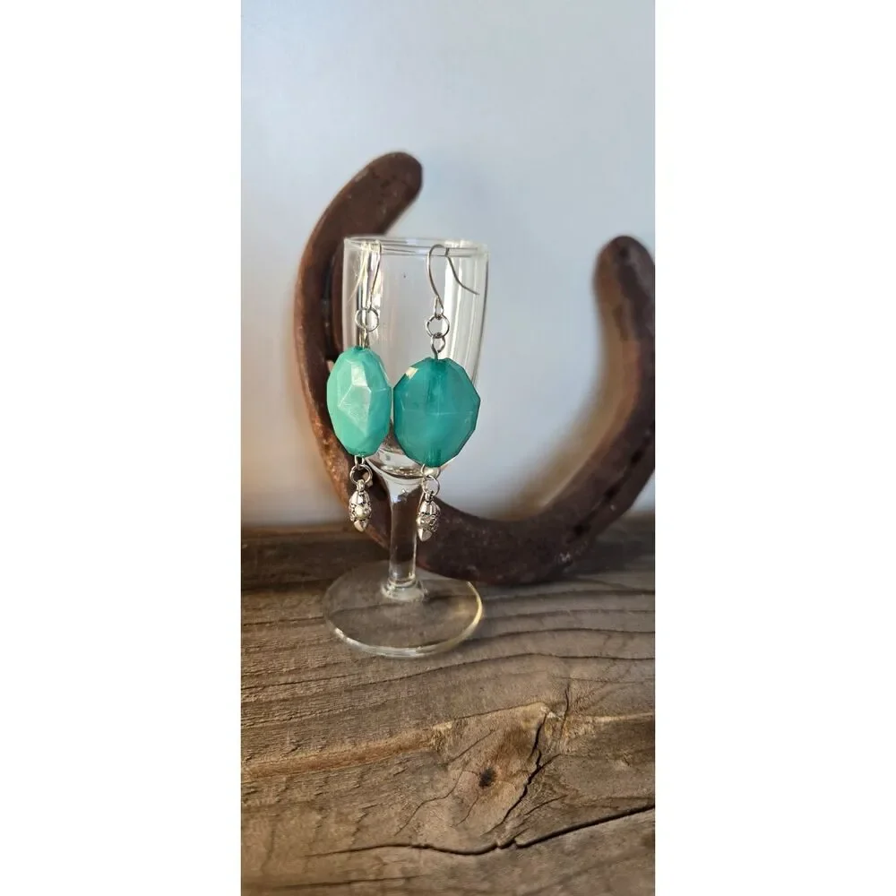 Recycled Aqua Acrylic Bead Dangle Earrings with Silver Tone Chinese Symbol